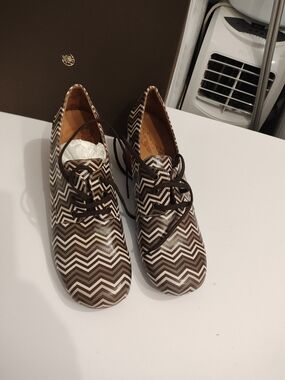 Chie Mihara Chevron Lace-Up Oxfords in Brown and Cream